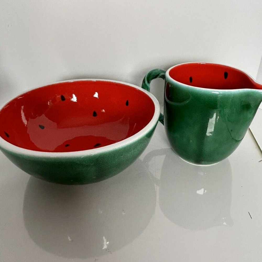 Pier 1 Imports 10 Inch Round Watermelon Bowl and 6 Inch Tall Pitcher
